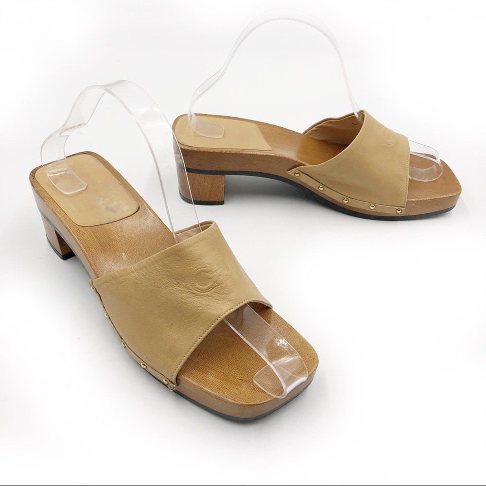 Salvatore Ferragamo Leather Gancini Wood Slides